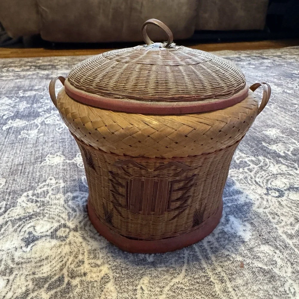 Vintage Shanghai Sticky‎ Rice Hand Woven Basket With Lid